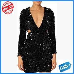 Long Sleeve Sequin Bodycon Mini Dress Deep V Neck Cut Out Velvet